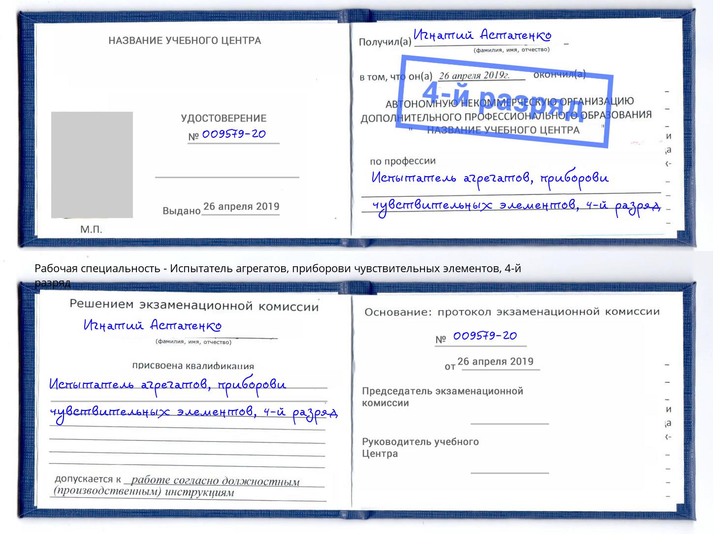 корочка 4-й разряд Испытатель агрегатов, приборови чувствительных элементов Темрюк