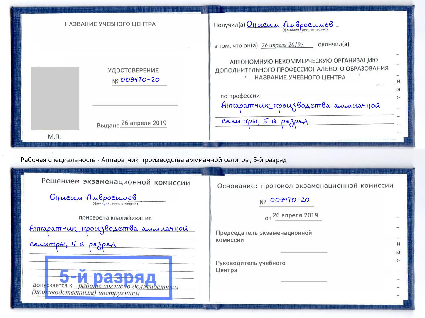 корочка 5-й разряд Аппаратчик производства аммиачной селитры Темрюк
