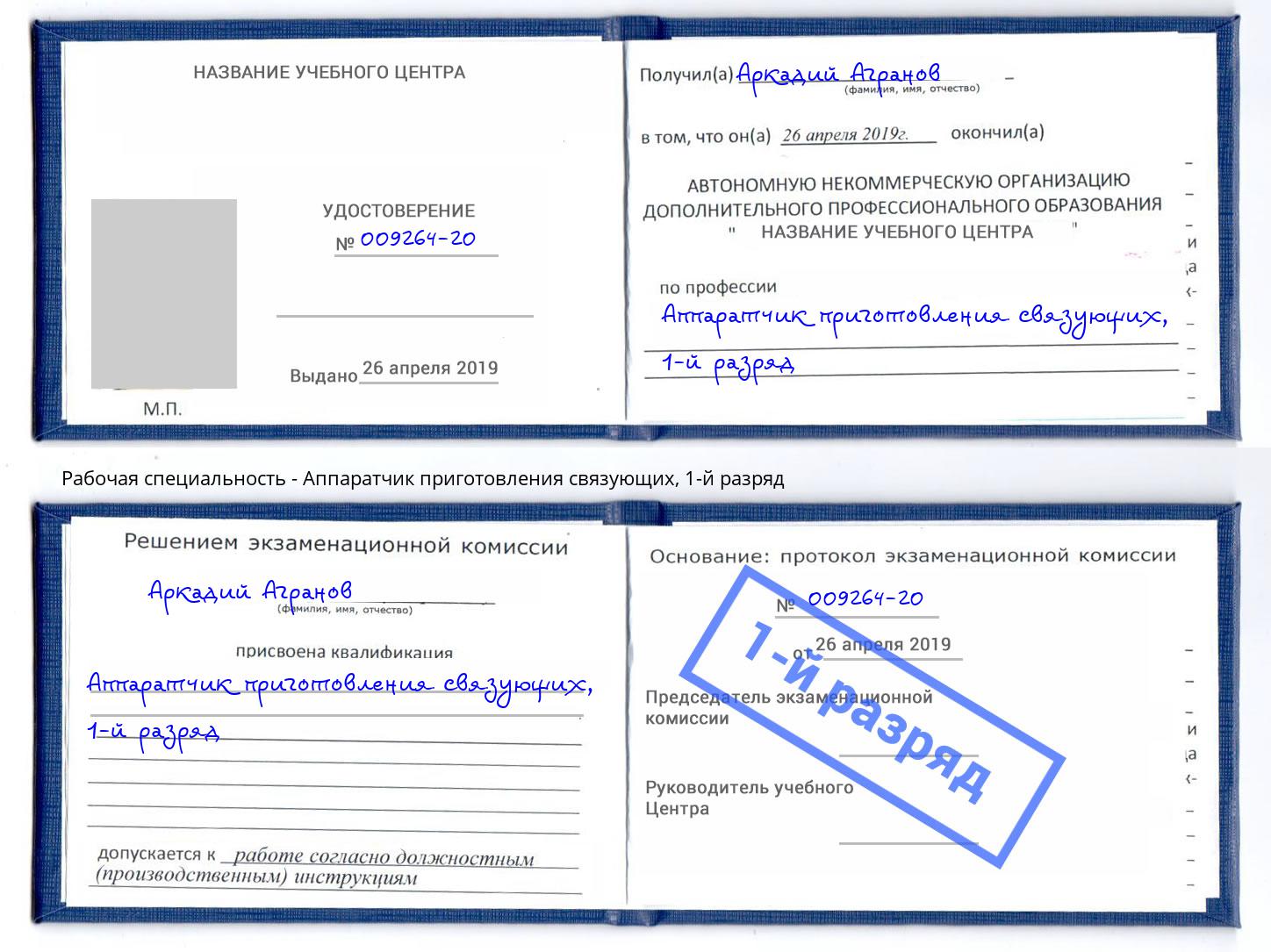 корочка 1-й разряд Аппаратчик приготовления связующих Темрюк
