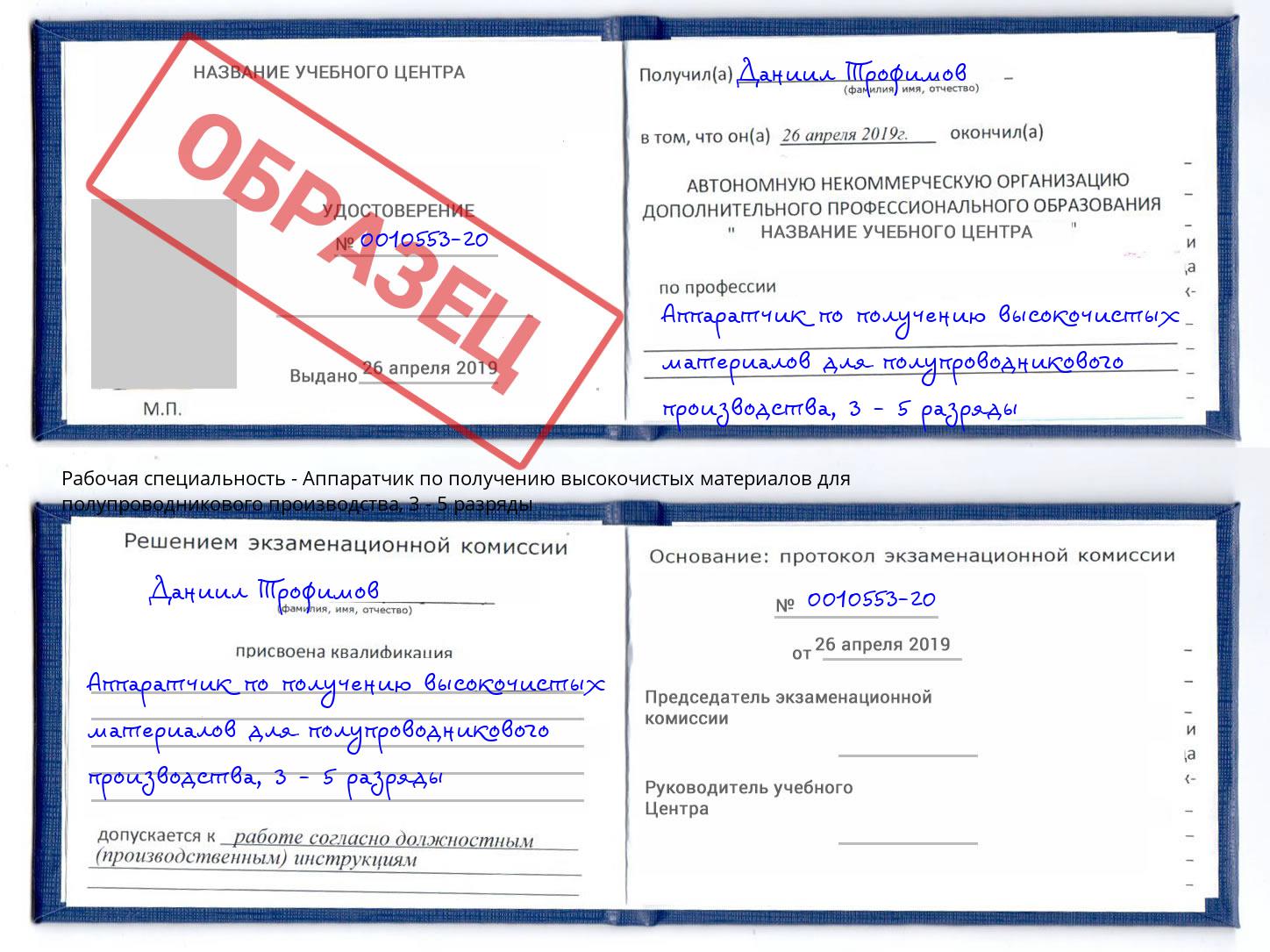 корочка 3 - 5 разряды Аппаратчик по получению высокочистых материалов для полупроводникового производства Темрюк