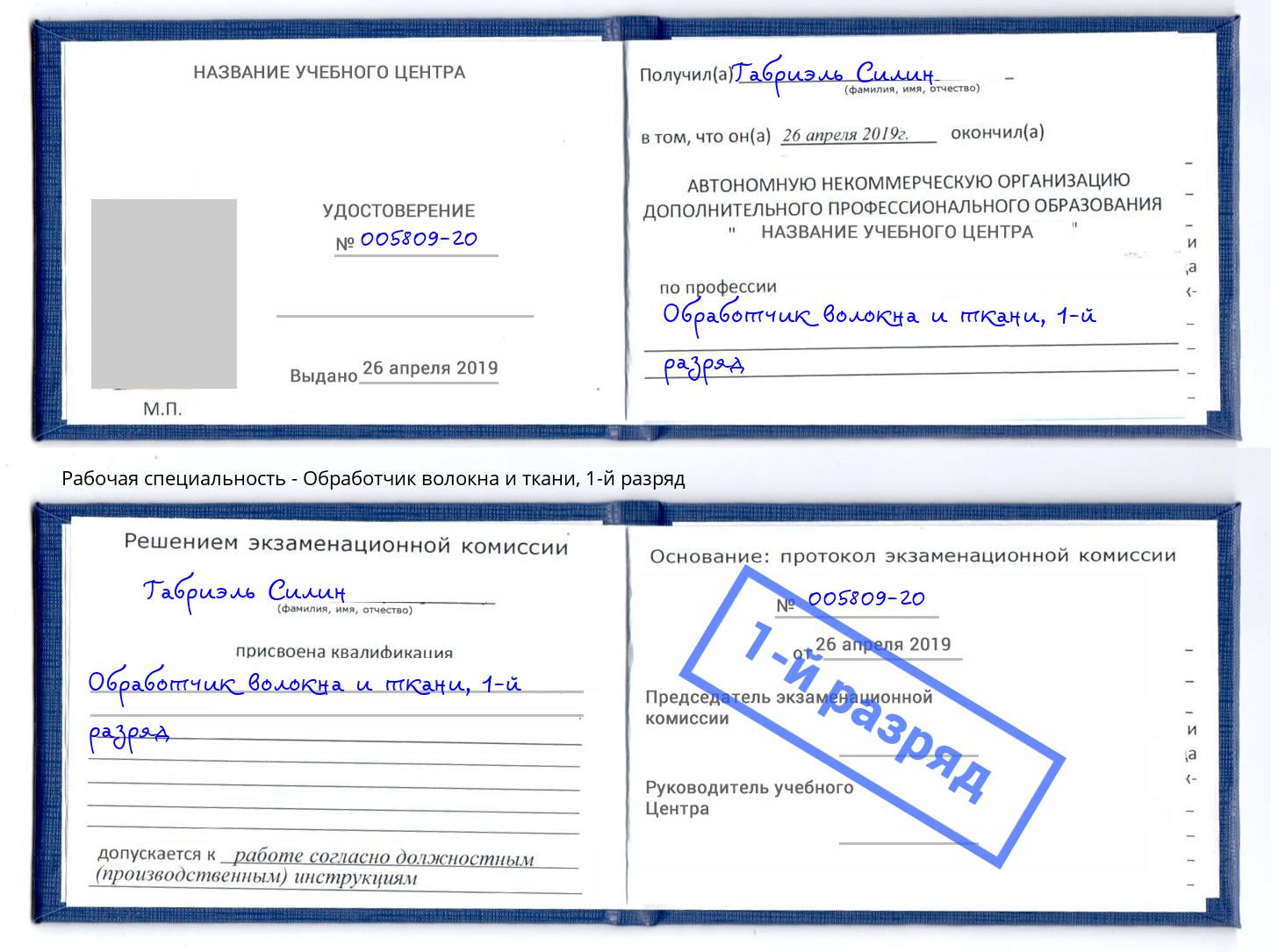 корочка 1-й разряд Обработчик волокна и ткани Темрюк