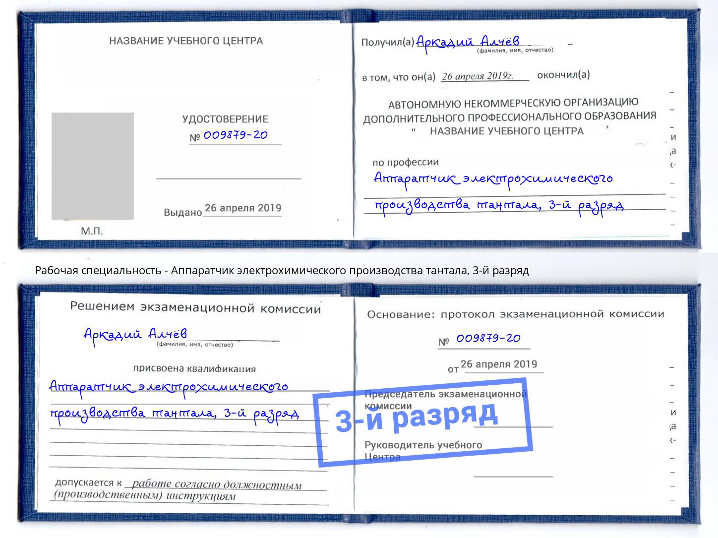 корочка 3-й разряд Аппаратчик электрохимического производства тантала Темрюк