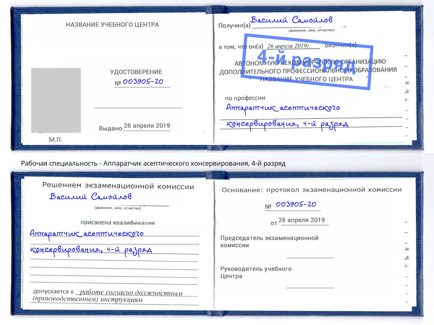 корочка 4-й разряд Аппаратчик асептического консервирования Темрюк