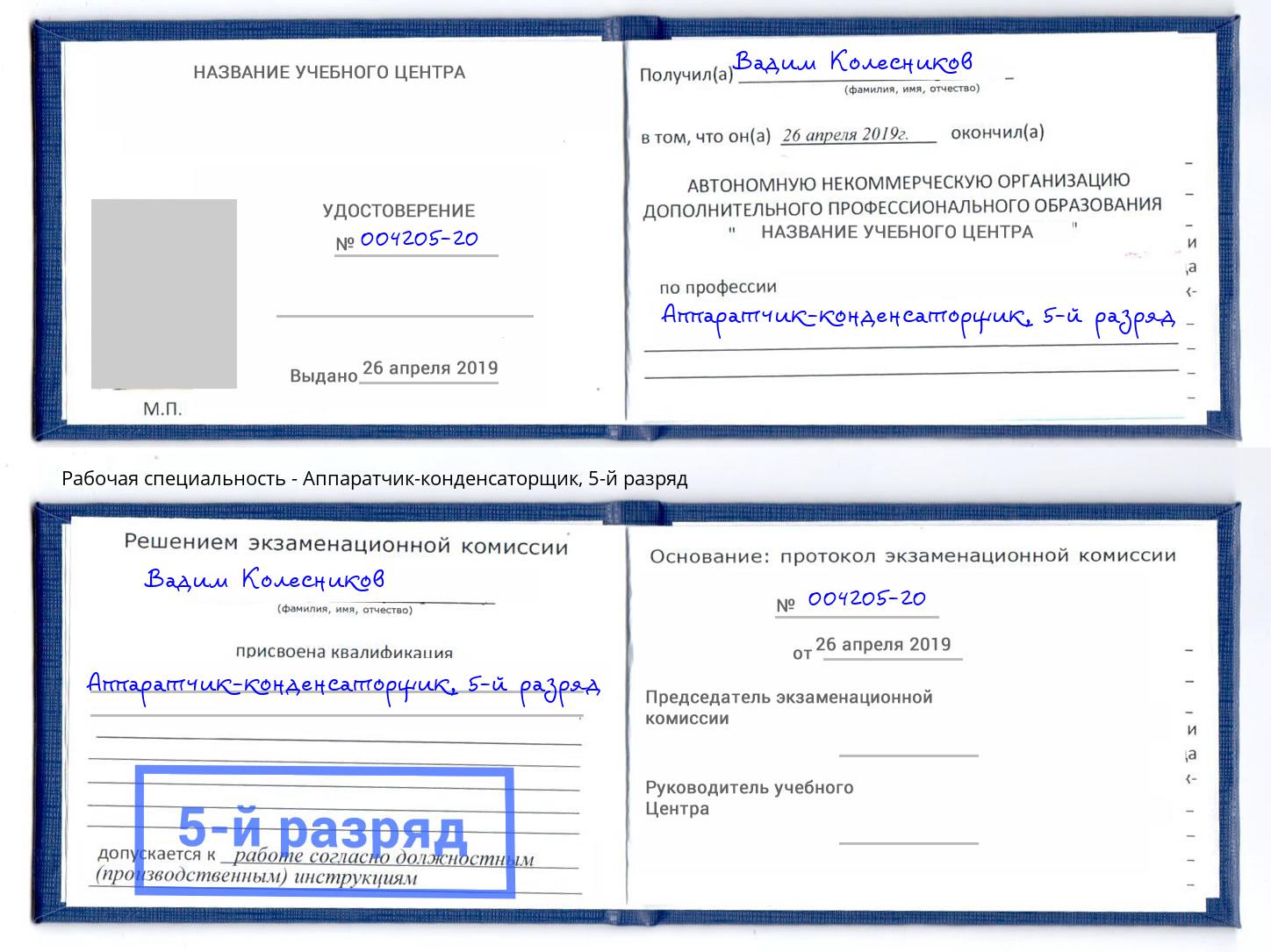 корочка 5-й разряд Аппаратчик-конденсаторщик Темрюк