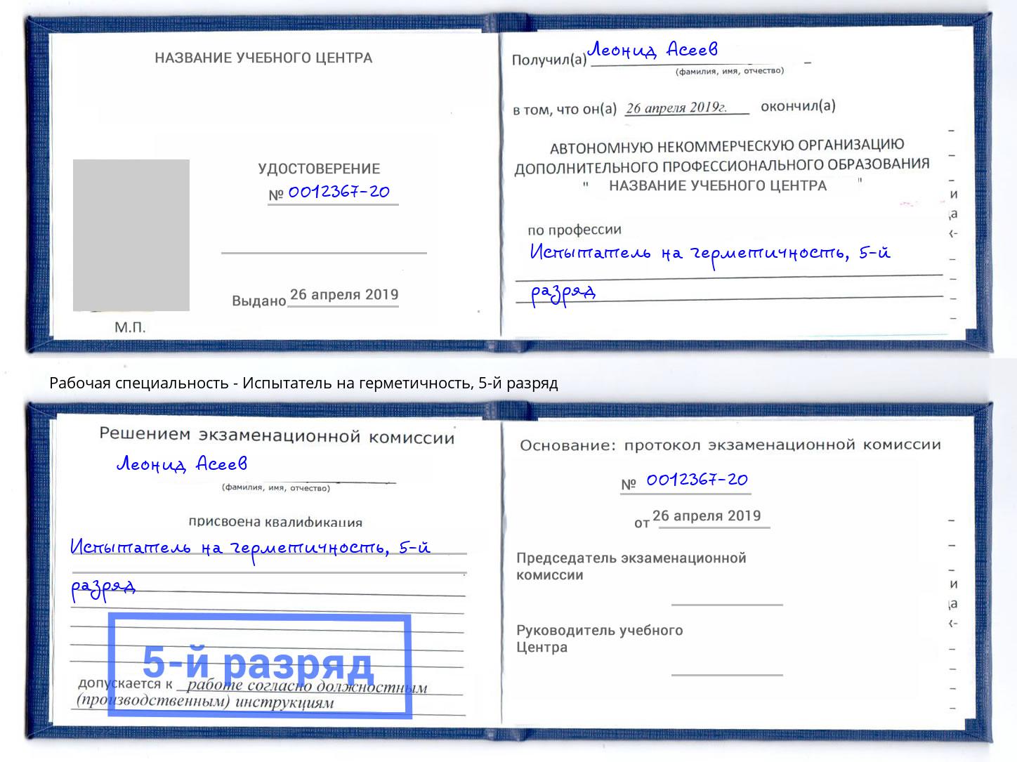 корочка 5-й разряд Испытатель на герметичность Темрюк