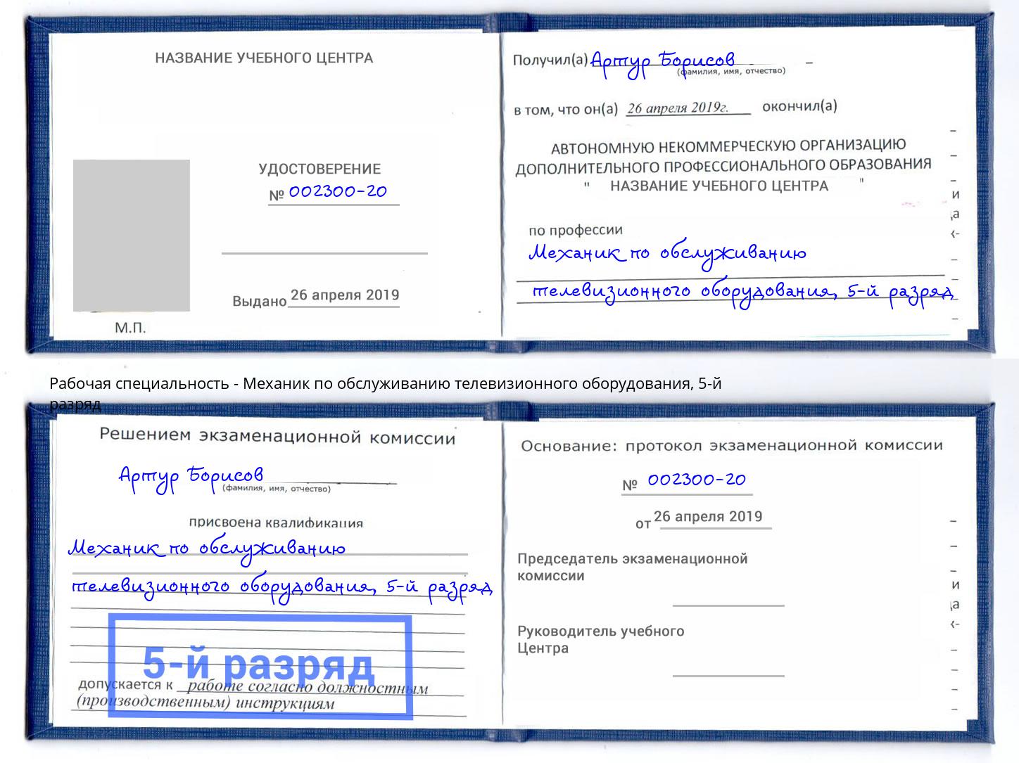 корочка 5-й разряд Механик по обслуживанию телевизионного оборудования Темрюк