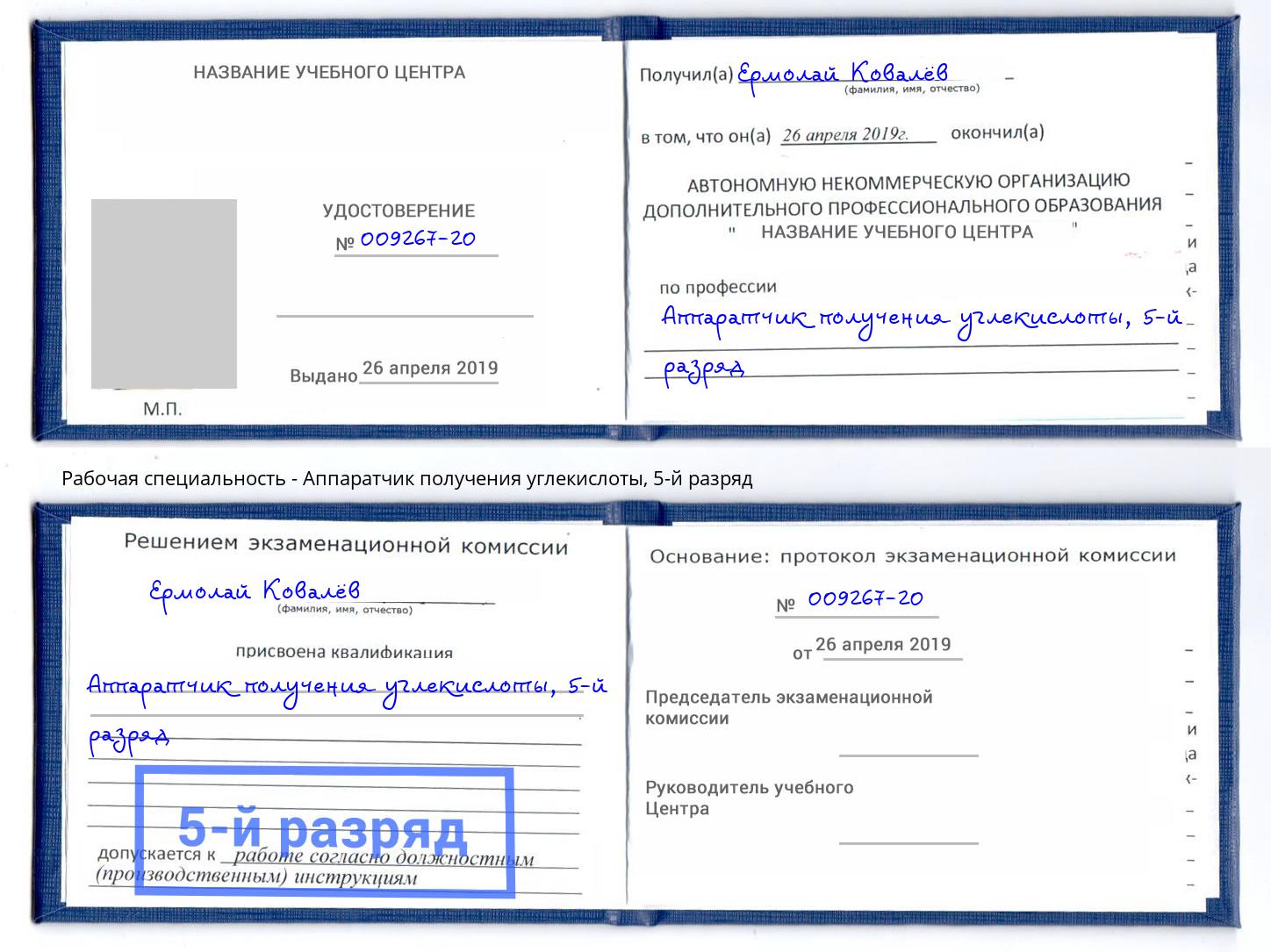 корочка 5-й разряд Аппаратчик получения углекислоты Темрюк