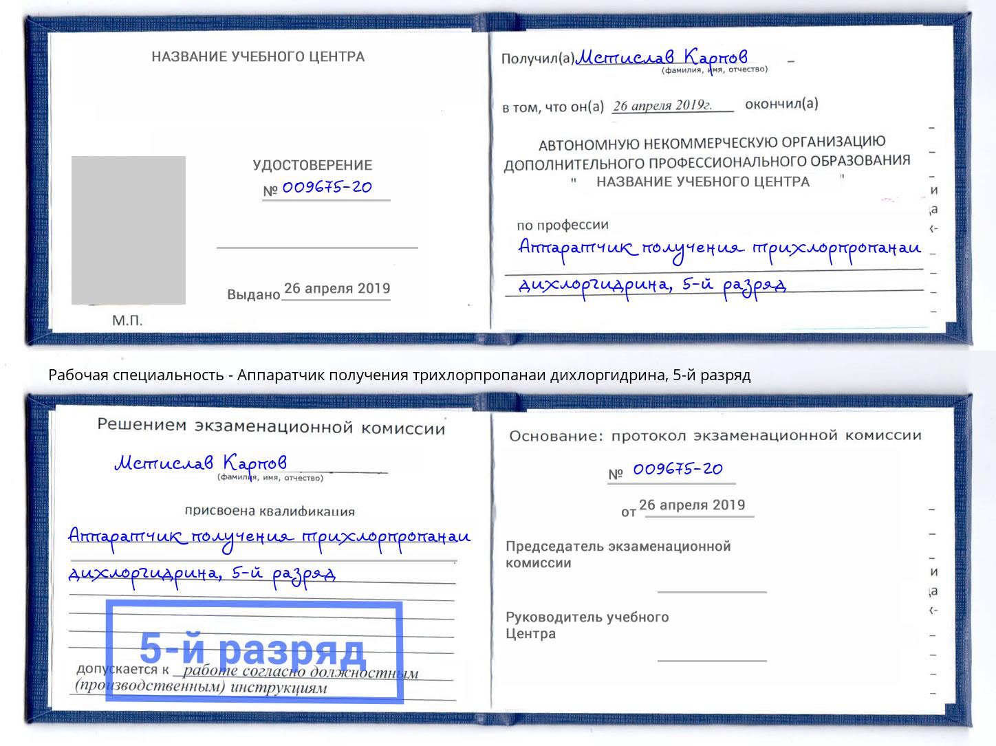 корочка 5-й разряд Аппаратчик получения трихлорпропанаи дихлоргидрина Темрюк