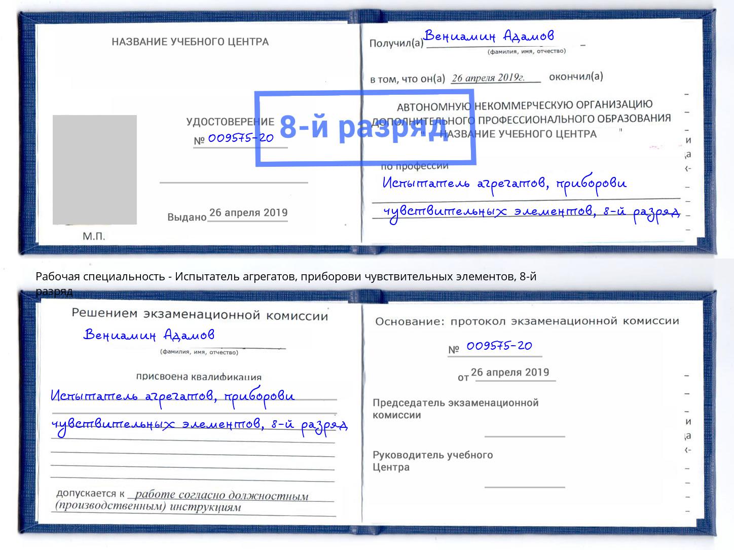корочка 8-й разряд Испытатель агрегатов, приборови чувствительных элементов Темрюк